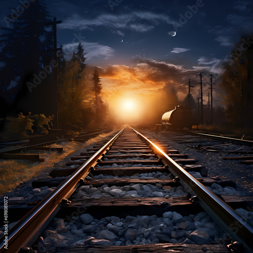 Railroad tracks disappearing into the ethereal glow of twilight.