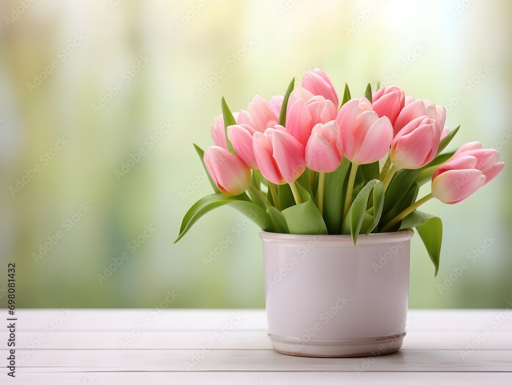 A vase of pink tulips near the window sill blurred background A vase of pink tulips near the window sill blurred background