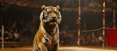 Tiger's circus tricks in arena. photo
