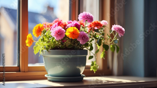 A pot of flowers stands on the windowsill