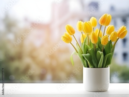 A vase of yellow tulips near the window sill blurred background