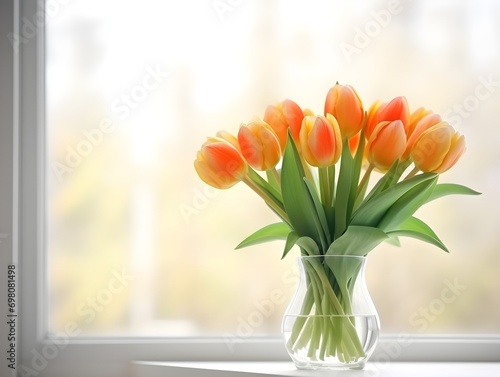 A vase of orange tulip flowers near the window sill blurred background