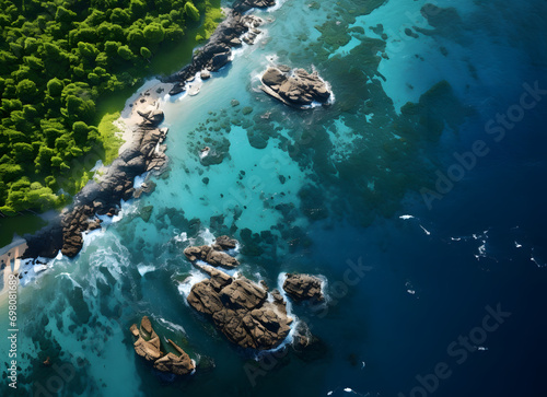 aerial view of an island with cliffs and forest