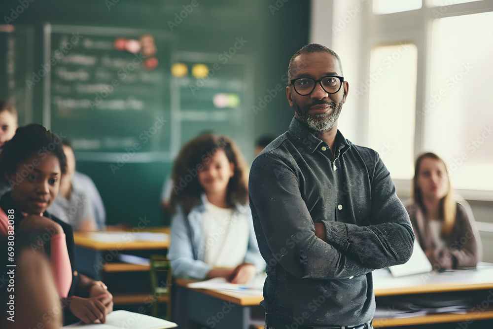 a male black teacher standing and smiling in the classroom