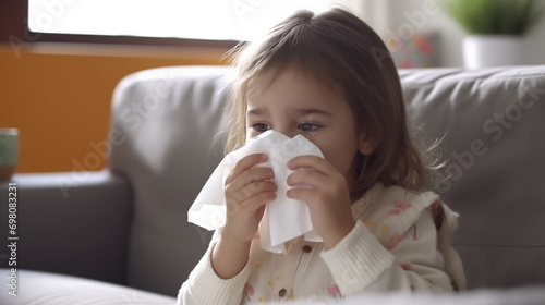 Little child with cold sneezes into tissue on the sofa at home