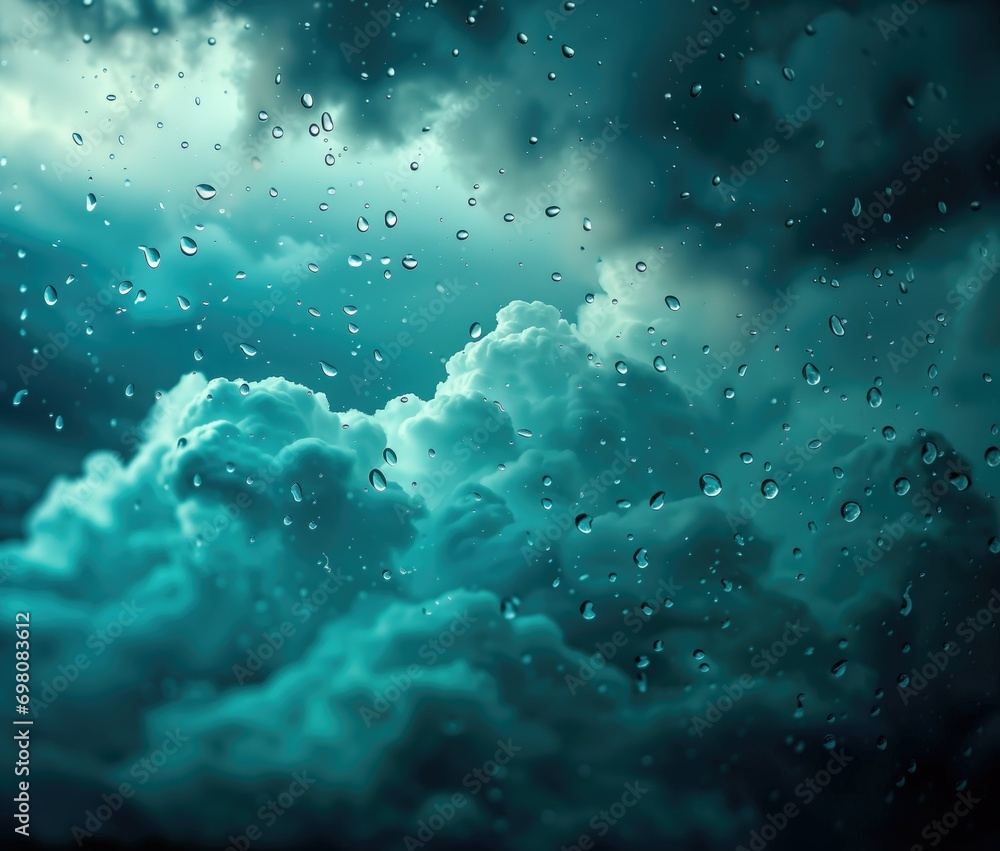 Blue cloud with raindrops, hyper-realistic and sharp-focus. Stock image with dark green and light black hues. Moody, dramatic, and refreshing Blue cloud with raindrops, hyper-realistic and sharp-focus. Stock image with dark green and light black hues. Moody, dramatic, and refreshing