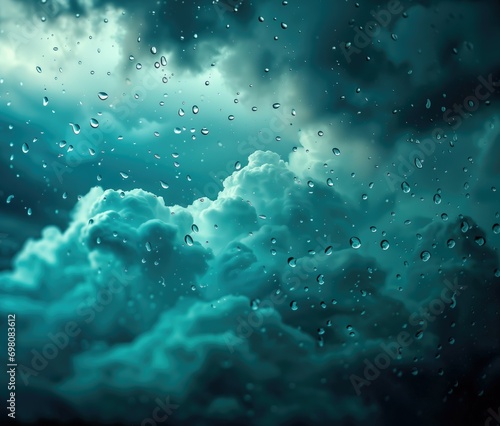 Blue cloud with raindrops, hyper-realistic and sharp-focus. Stock image with dark green and light black hues. Moody, dramatic, and refreshing