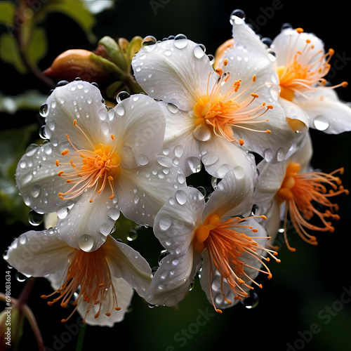 Raindrops delicately clinging to the petals of blooming flowers in a garden.