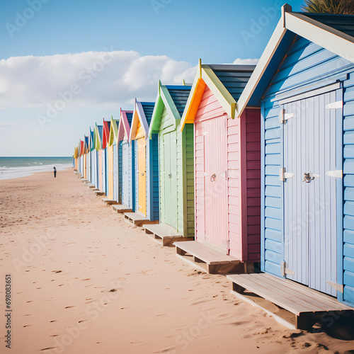Row of beach huts in pastel colors lining a sandy beach. © Cao