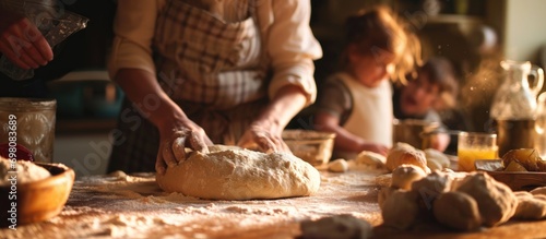 Family members creatively prepare homemade pizza dough by playfully kneading and stretching a mixture of ingredients such as salt, sugar, milk, yeast, and oil. photo