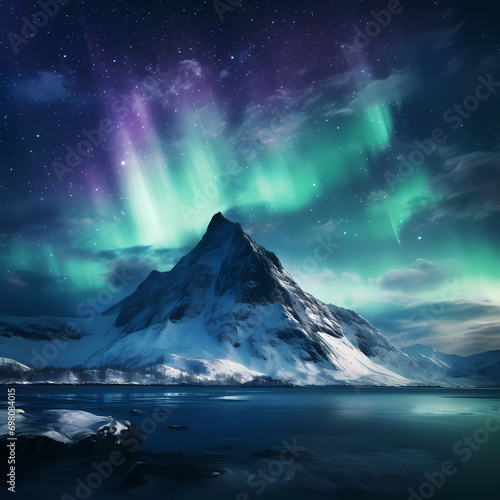 Snow-covered mountain peak under the dancing display of the northern lights.