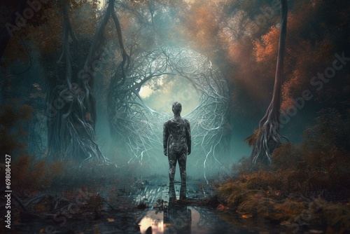 A person with a surreal, dreamlike appearance, standing in a surreal, otherworldly forest. Imaginative self-expression and mystery. Generative AI