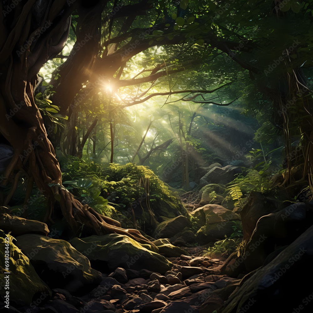 Sunlight filtering through the dense foliage of an enchanted forest.