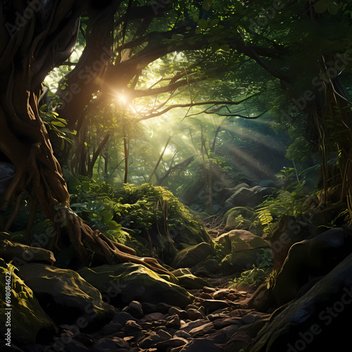Sunlight filtering through the dense foliage of an enchanted forest. © Cao
