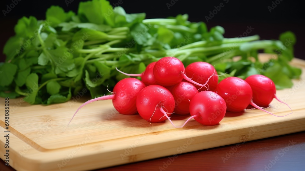 Fresh, vibrant red radishes on a wooden cutting board. Plump and healthy, these organic vegetables are ready for farm-to-table cooking Fresh, vibrant red radishes on a wooden cutting board. Plump and healthy, these organic vegetables are ready for farm-to-table cooking