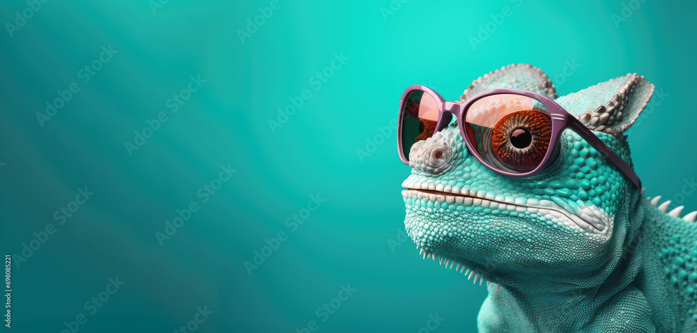 Obraz premium Cool chameleon in glasses against green background