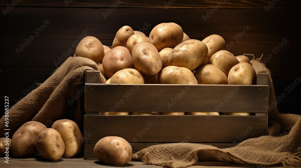 A high pile of various sizes and shapes of fresh, organic potatoes in a rustic wooden crate A high pile of various sizes and shapes of fresh, organic potatoes in a rustic wooden crate