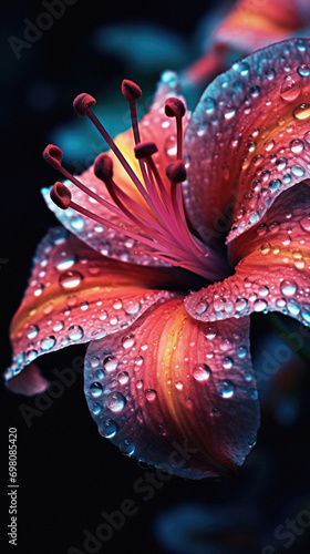 Beautiful lily with dew drops on a dark background .