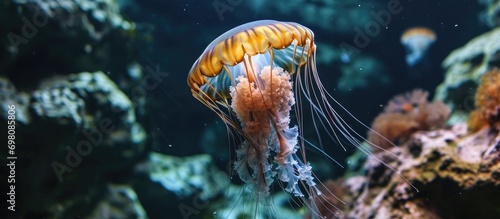 A jellyfish, Aurelia aurita, is floating in an aquarium.