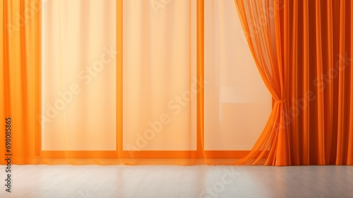 Panoramic window with transparent orange curtains