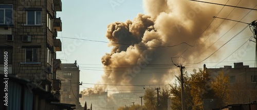 A plume of smoke rises into the sky in an urban area after an explosion. A giant explosion engulfs the city © ColdFire