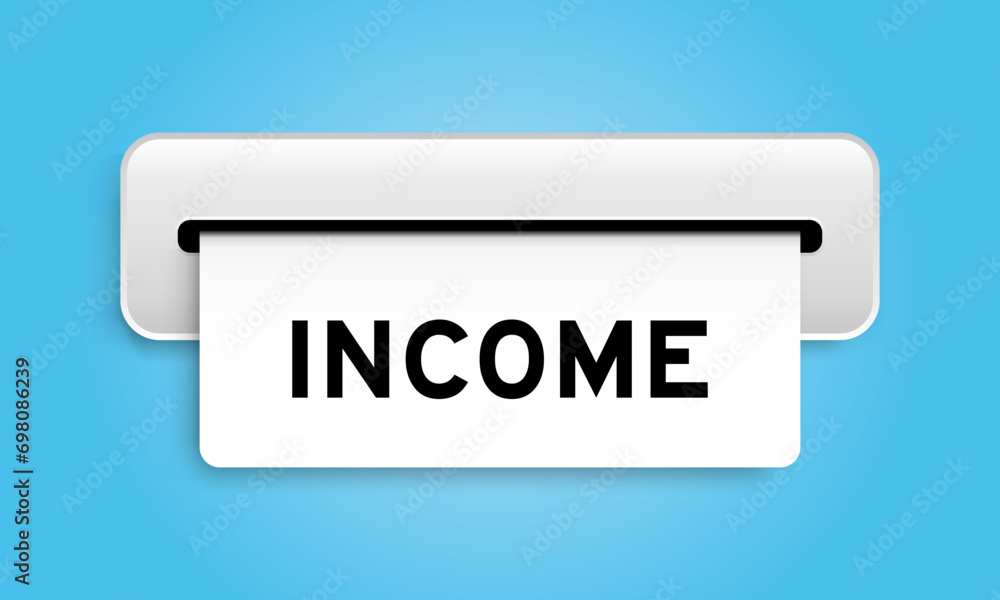 White coupon banner with word income from machine on blue color background White coupon banner with word income from machine on blue color background