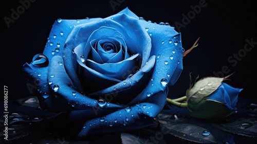 Beautiful blue rose with water drops on black background, closeup