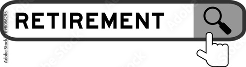 Search banner in word retirement with hand over magnifier icon on white background