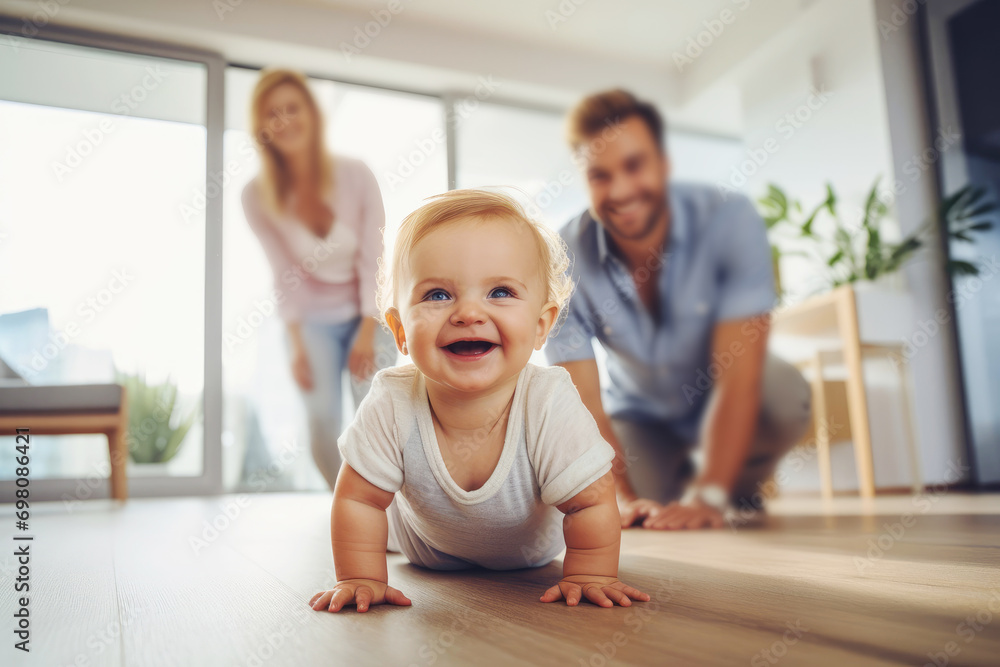 Happy little child crawling at home on the floor in a modern apartment against the background of his parents - obrazy, fototapety, plakaty 