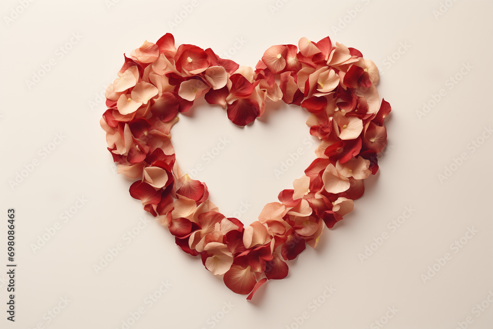 Heart made from red rose petal on beige background. Valentine's Day and Mother's Day concept. 
