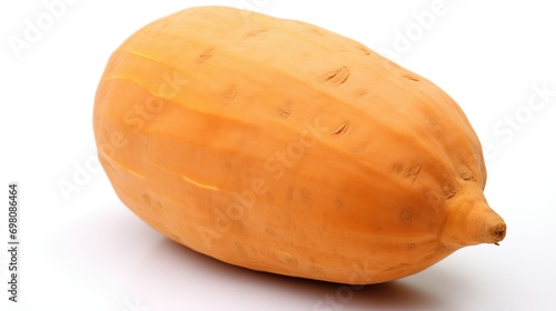 Large  visually appealing sweet potato on white background. Rough  textured skin in warm shades of orange and brown. Soft  diffused lighting highlights curves and ridges