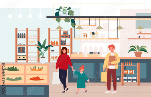 A vector illustration showing a family who came to do some shopping. Shelves with carefully laid out different categories of goods and interior items. Calm atmosphere in a small grocery store.