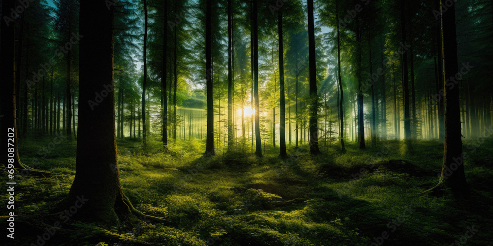 Obraz premium Sunrise in the dark mysterious forest. Rendering .