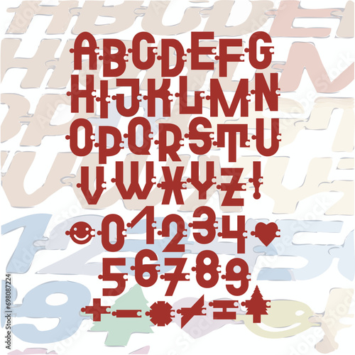 A font in the form of a puzzle with fastening elements that allow you to connect symbols into words.