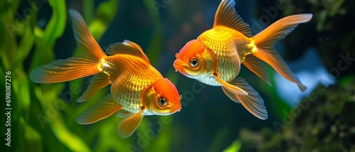 Goldfish gracefully swim in unison in an aquarium