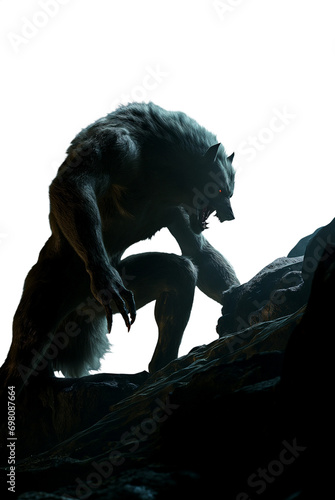 Fierce werewolf silhouette back lit by moonlight and standing on a stone cliff - isolated transparent background - creepy lycanthrope with sharp fangs and claws photo