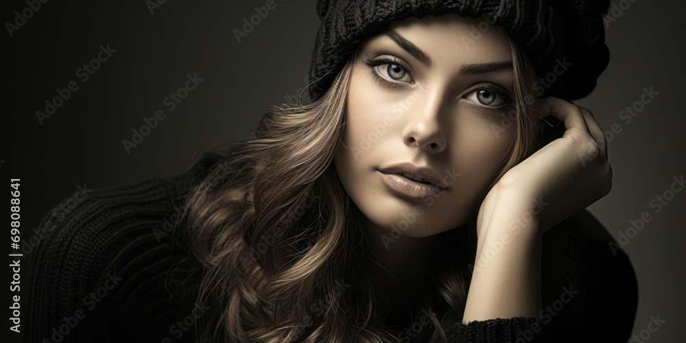 Monochrome portrait of a young woman with beret and sweater, looking thoughtful and serene Monochrome portrait of a young woman with beret and sweater, looking thoughtful and serene