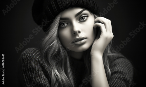 Monochrome portrait of a young woman with beret and sweater, looking thoughtful and serene