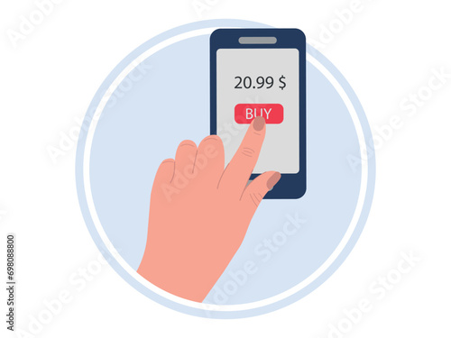 Payment by credit card via electronic wallet wirelessly on the phone. Mobile banking application and electronic payments vector illustration.