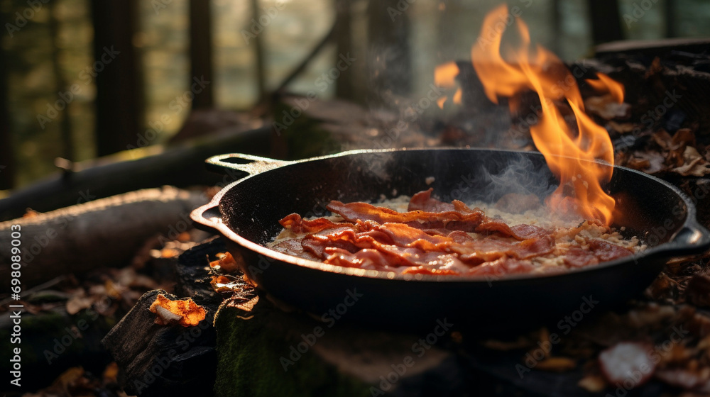 Forest Brunch Delight: Eggs and Bacon Over Open Fire, Generative AI Forest Brunch Delight: Eggs and Bacon Over Open Fire, Generative AI