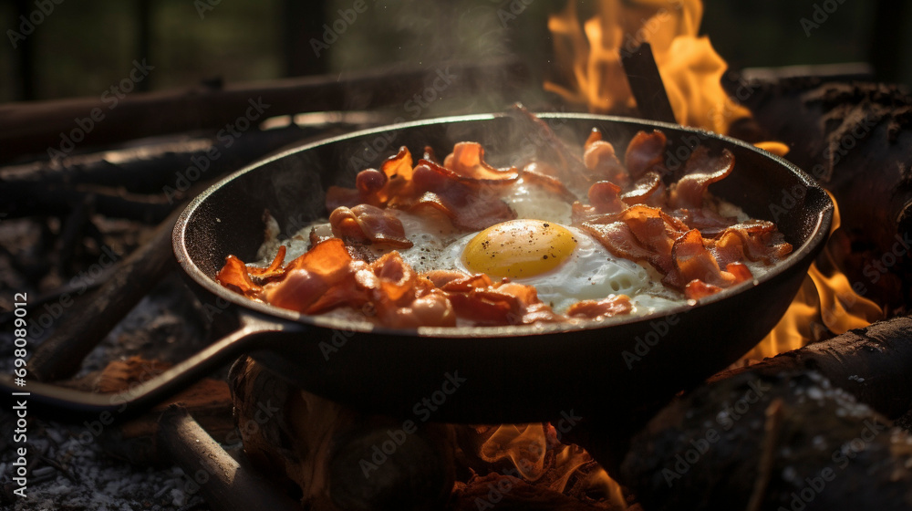 Open-Air Culinary Experience: Skillet Breakfast in the Forest, Generative AI Open-Air Culinary Experience: Skillet Breakfast in the Forest, Generative AI