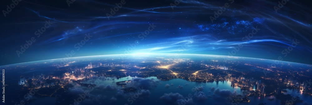 A panoramic view of Earth from space is decorated with glowing city lights A panoramic view of Earth from space is decorated with glowing city lights