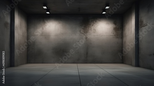 A room with harsh concrete walls. Dark interior is illuminated by spotlights © ColdFire