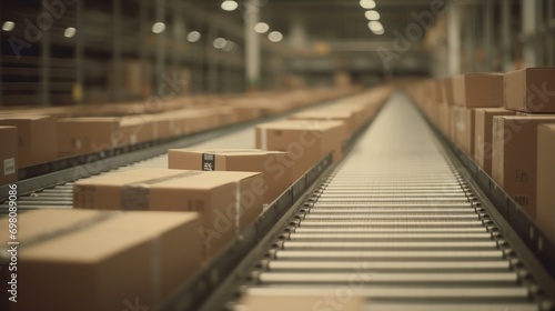 Closeup of multiple cardboard box packages seamlessly moving along a conveyor belt in a warehouse fulfilment center. Delivery concept. Storehouse concept. Box concept. Logistic concept. Moving concept © IC Production