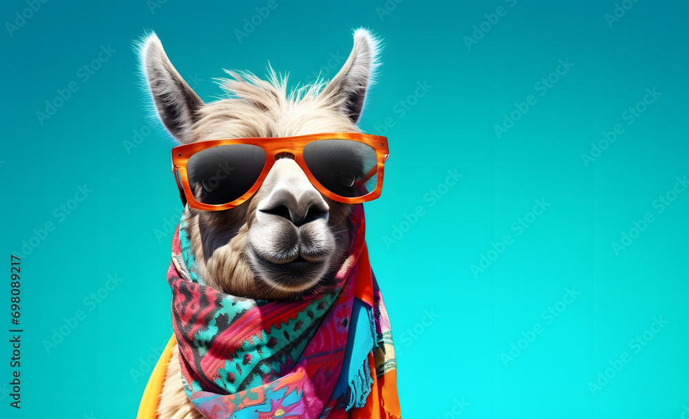 Fototapeta premium close up portrait of an ilma wearing a scarf with sunglasses isolated on a blue background