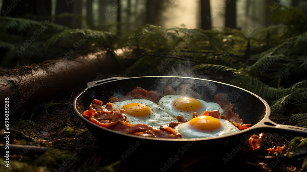 Wilderness Breakfast: Sizzling Skillet eggs and bacon Delight in the Forest, Generative AI Wilderness Breakfast: Sizzling Skillet eggs and bacon Delight in the Forest, Generative AI