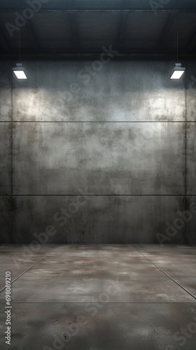 A room with harsh concrete walls. Dark interior is illuminated by spotlights © ColdFire
