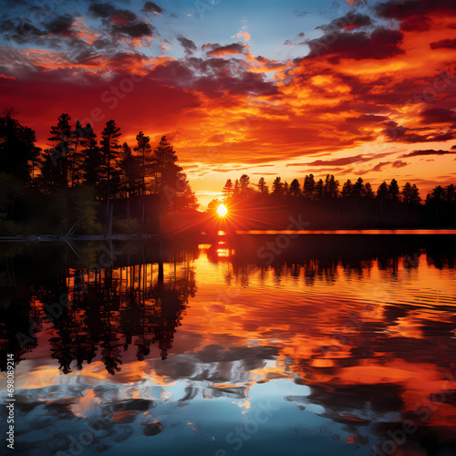 Tranquil lake reflecting the fiery hues of a sunset.