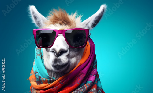 close up portrait of an  ilma wearing a scarf with sunglasses isolated on a blue background photo