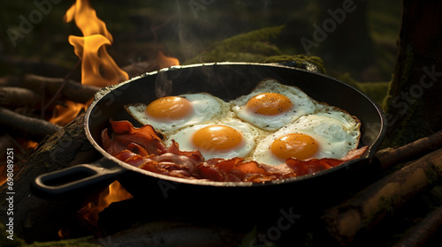 Wilderness Breakfast: Sizzling Skillet Delight in the Forest, Generative AI